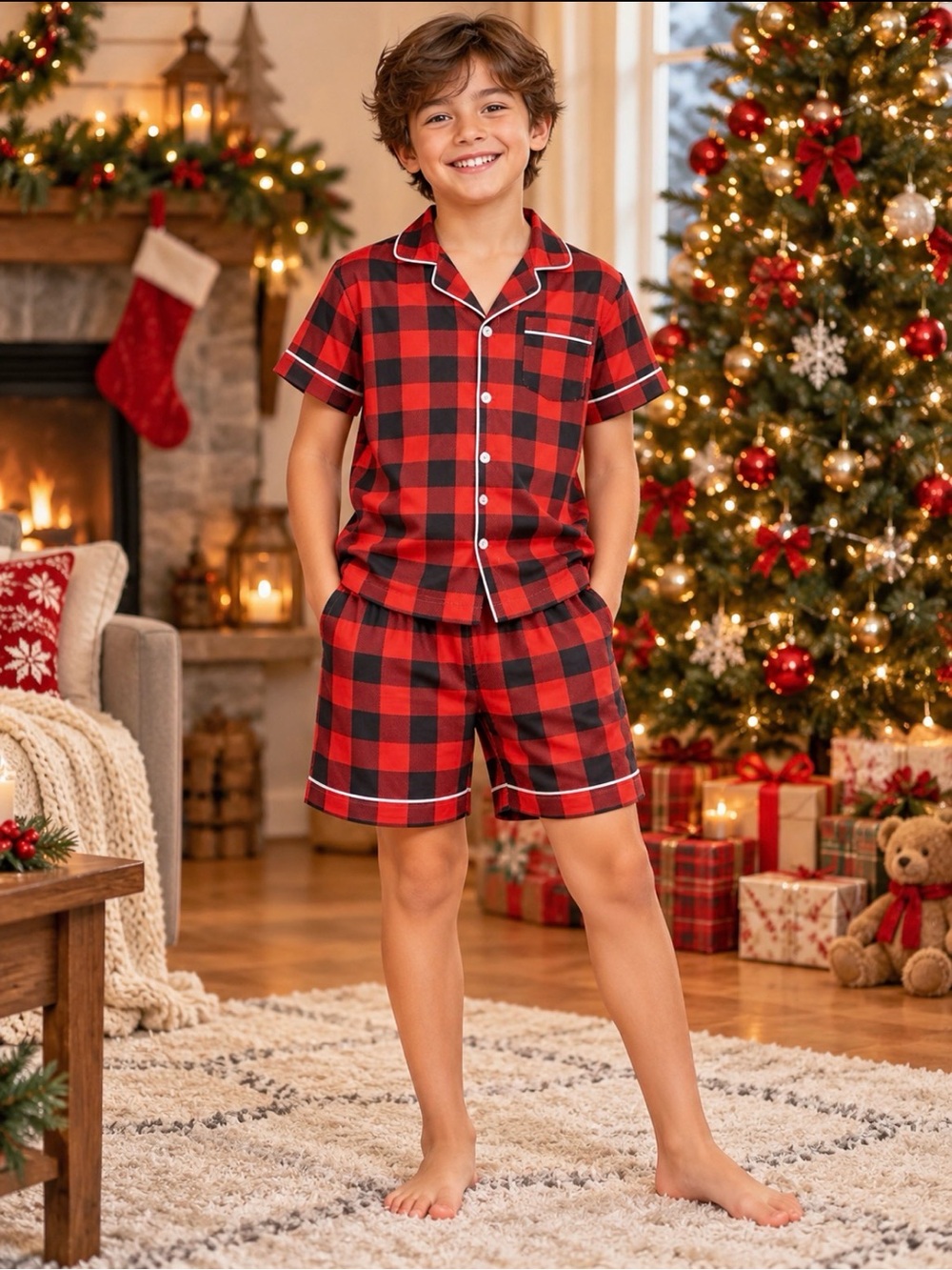Kids Red Buffalo Plaid Short Pajama Set with Contrast Piping